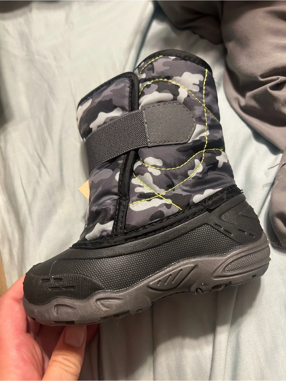 Kids Winter Boots with Gray Camo and Neon Yellow Accents